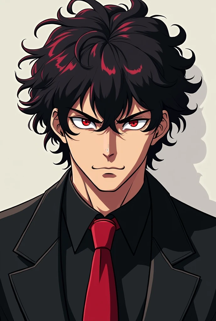 Anime man over 40 years old, curly hair, black color with dark red highlights, Red eyes, a cynical smile, black suit.