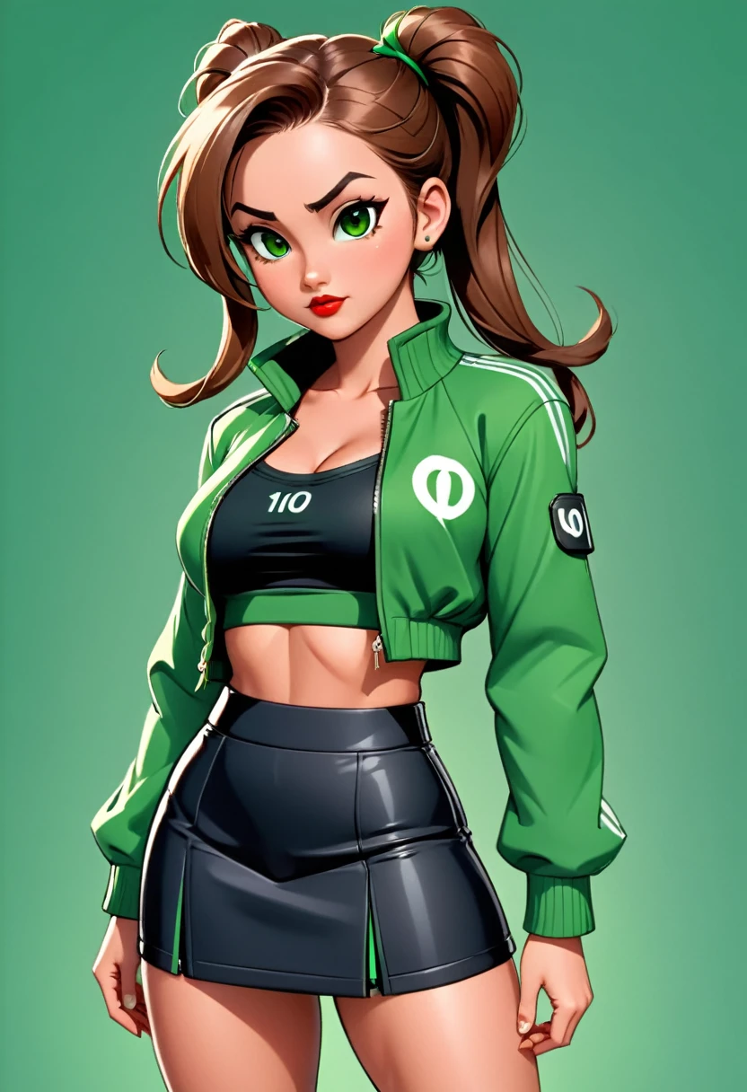 female ben tennyson, detailed face, green eyes, long brown twin pigtails braided hair, green jacket with number 10, black tank top, ((white short skirt)), full body, ((visible cameltoe)), shy face, 1girl, solo, nipples, thick body, ((big breast)), red lipstick, sexy pose, visible cleavage, omnitrix watch