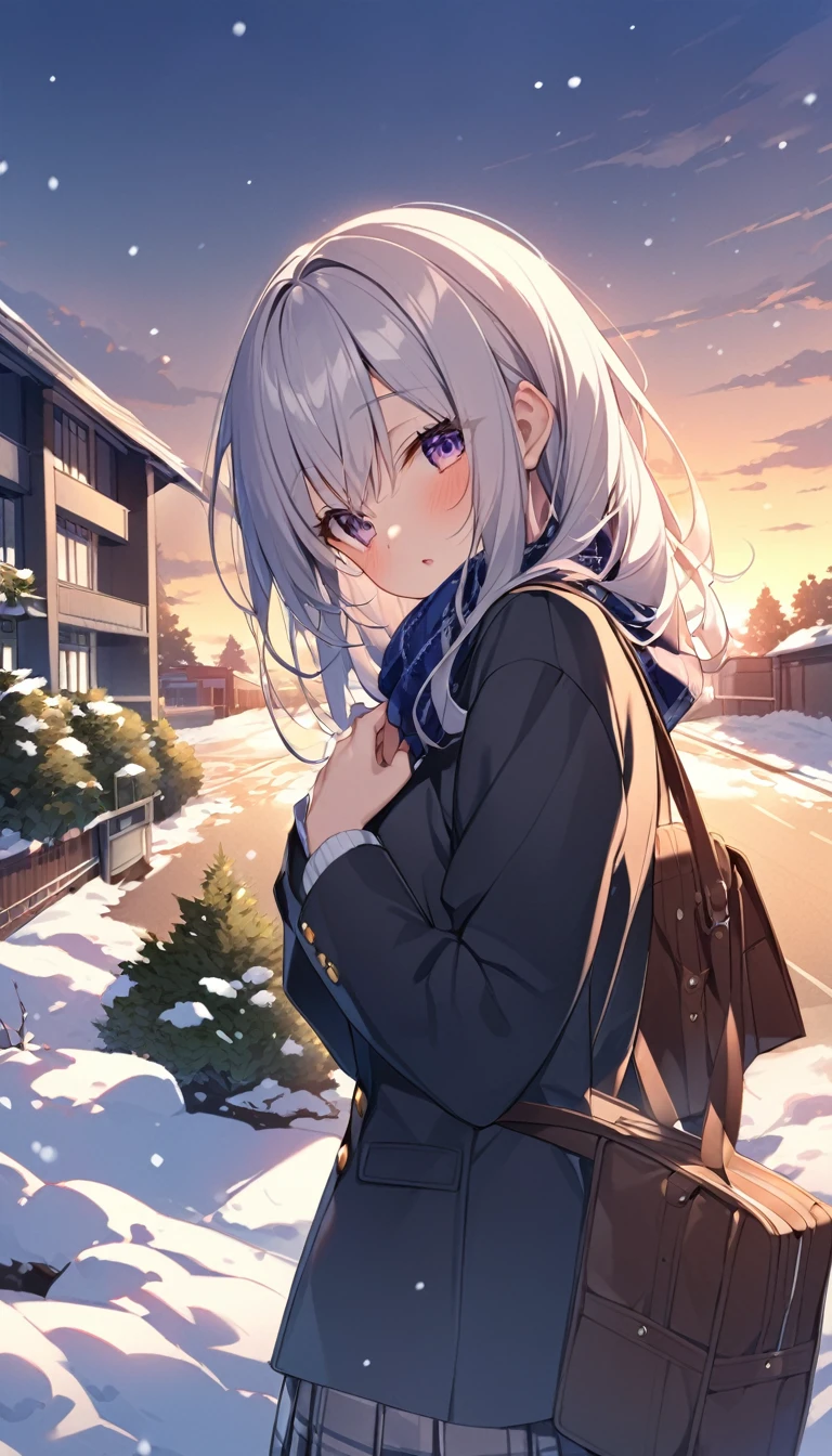 One Woman、beautiful girl、after school、evening、high school girl、School、Back of the school building、winter、Keyaki Tree々、Snow all over、it's snowing、Snowfall、Blazer Uniform、Pleated skirt、Duffle coat、Scarf、Black knee-high socks、Long Hair、Scarfを着用する、Highest quality、Ultra HD、 Black Pantyhose、Thick thighs、Big Ass、Black Hair、Black panties、White Breath
