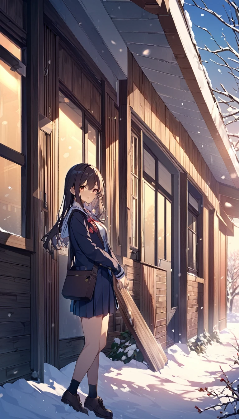 One Woman、beautiful girl、after school、evening、high school girl、School、Back of the school building、winter、Keyaki Tree々、Snow all over、it's snowing、Snowfall、Blazer Uniform、Pleated skirt、Duffle coat、Scarf、Black knee-high socks、Long Hair、Scarfを着用する、Highest quality、Ultra HD、 Black Pantyhose、Thick thighs、Big Ass、Black Hair、Black panties、White Breath