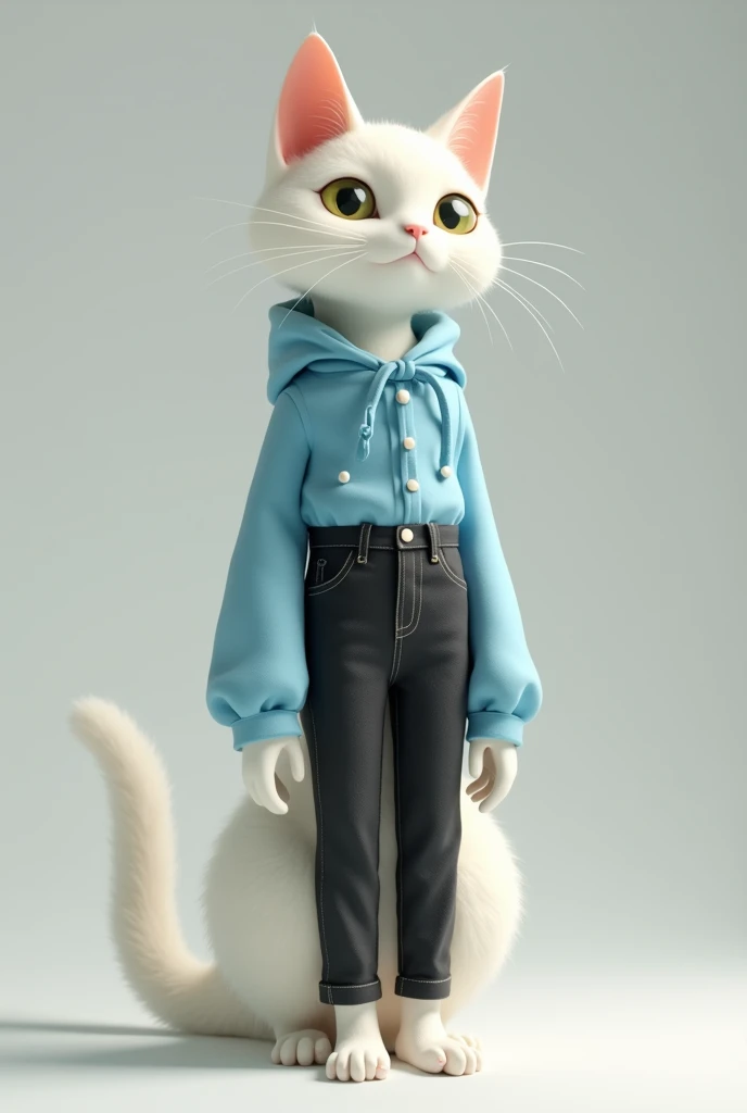  A tall  white  cat dressed in  sky blue short frock and black jeans in human body shape 