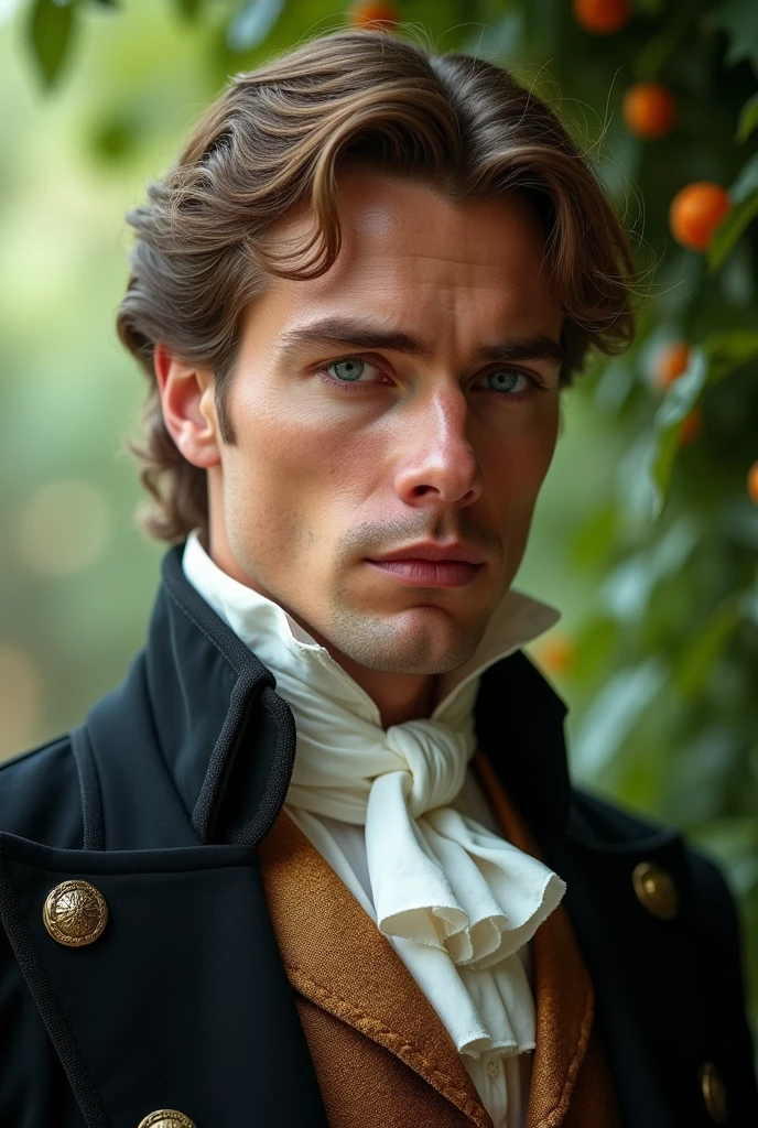 Handsome and manly man of 30 years old, prince of Monaco, Victorian era, extremely handsome, strong and vigorous, a perfectly fine and defined face. Light brown hair, very white skin, eyes blue as the sea and thick lips, dressed according to his rank in a Victorian landscape