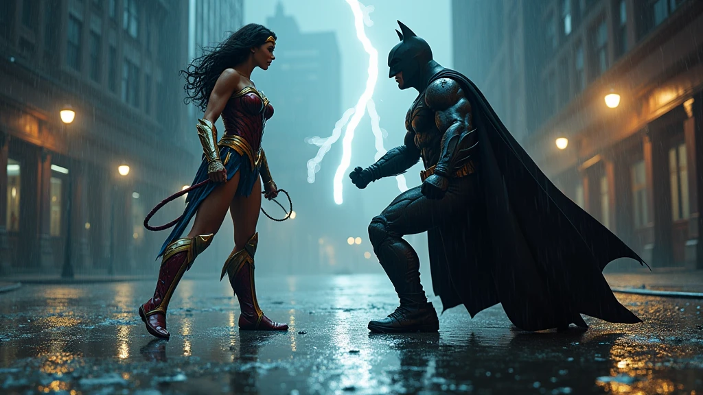 a ultra wide shot of Full body the Wonder woman vs batman in an epic cinematic fight in Gotham City on a heavy rainy night, Raindrops, puddles of water, Battle of heroes, full body, ultra detailed hero clothing, high resolution, ultra realistic, 4k, Wet hair and skin    -v