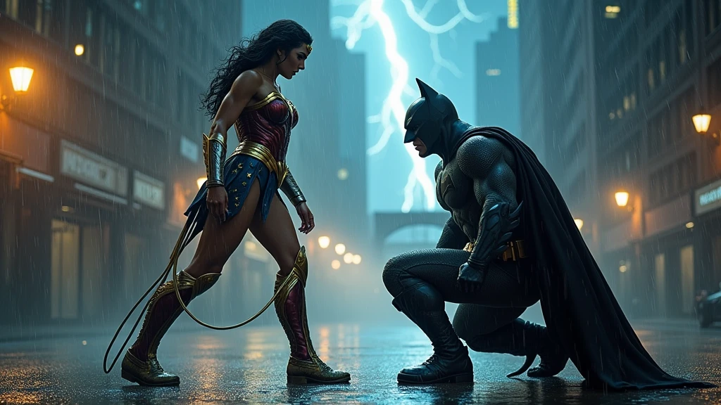 a ultra wide shot of Full body the Wonder woman vs batman in an epic cinematic fight in Gotham City on a heavy rainy night, Raindrops, puddles of water, Battle of heroes, full body, ultra detailed hero clothing, high resolution, ultra realistic, 4k, Wet hair and skin -v