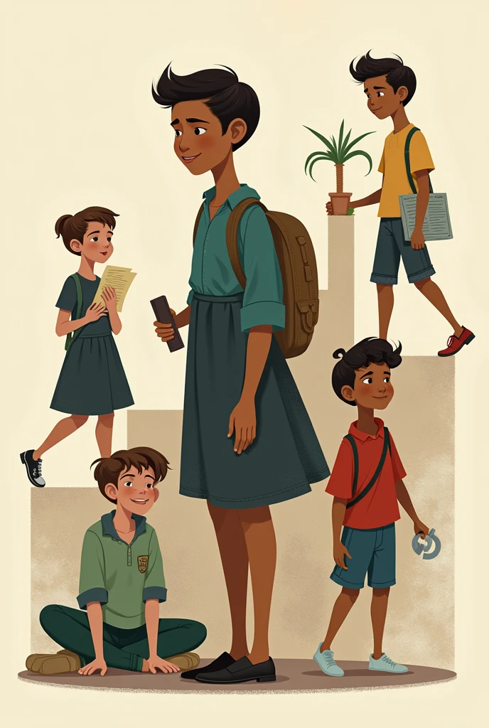 make new characters with these characteristics, taking inspiration from the style of the characters in the film in a fun way:
1. *Responsibility*: This emotion would be represented by a figure in shades of brown or gray., with a serious and focused posture. He carries a list or a stack of papers, symbolizing the obligations and commitments that arise in adult life.
2. *repentance*: An emotion in shades of dark blue and purple, always looking down or back, symbolizing reflection on past decisions. His expression is melancholy, and he might be holding a compass or an hourglass, symbolizing lost time.
3. *patience*: This character would be portrayed in soft green tones., with a calm and relaxed posture. He may be sitting in a meditation position, with a serene expression and closed eyes, symbolizing the ability to wait and endure challenging situations.
4. *ambition*: A dynamic emotion, com tons de vermelho e dourado, always on the move, climbing stairs or pointing upwards. Your expression is determined, with eyes fixed on the future and a confident smile.
5. *despondency*: This character would be represented with shades of gray and pale blue., always with slumped shoulders and a tired expression. It symbolizes the moments when the difficulties of adult life weigh on you and your energy diminishes..