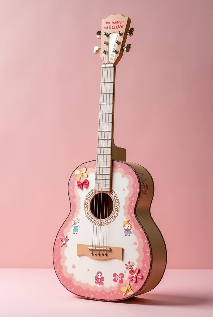 A guitar from my melody from sanrio (made of cardboard that has the character's colors)