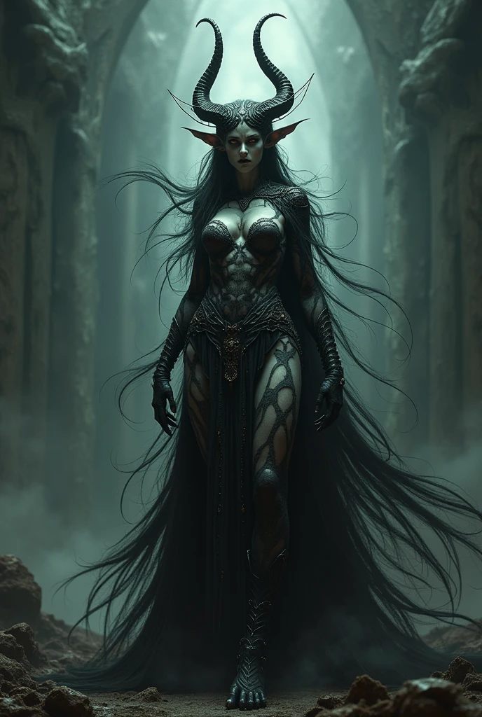 ((perfect anatomy:1.2,realistic:1.3,RAW Photography:1.3,masterpiece、highest quality、Ultra - High resolution、High resolution、Highly detailed CG、8K)), image of a female Be'lakor from warhammer fantasy lore,