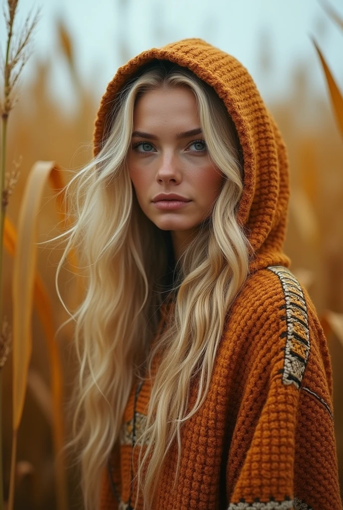 cinematographic photo Create a vivid description capturing the essence of a slender blond hippy women with wearing a boldly patterned chunky knit hooded Cape, look directly into the camera., in a tall golden corn festival field. The surreal scene is further enhanced as her long hair seamlessly merges with the Vibrant background. raw photo, a red sunset landscape, photorealistic, very detailed texture, 8k hd, DSLR, Soft lighting, high quality, movie grain, Fujimovie XT3, Very detailed photography, (Muted colors, cinematographic, muted colors, calming tones:1.2), Vibrant, incredibly detailed, hyperdetailed, (dark shot:1.2), (vsco:0.3), (intricate details:0.9), (HdR, hyperdetailed:1.2) atmospheric fog, grano de la movie, cinematographic movie still, shallow depth of field, Very detailed, high budget, cinemascope, moody, epic, General detail, gorgeous, Vintage RAW photo from the 2000s, photorealistic, candid camera, color graded cinematographic, reflectors for eyes, atmospheric lighting, skin pores, Imperfections, natural, Low Kelvin, cinematographic photorealistic, 8k hd natural lighting, raw, rico, intricate details, Clave visual, atmospheric lighting, 35mm photography, movie, bokeh, professional, 4k, Very detailed . 35mm photography, movie, bokeh, professional, 4k, Very detailed-, smiling.