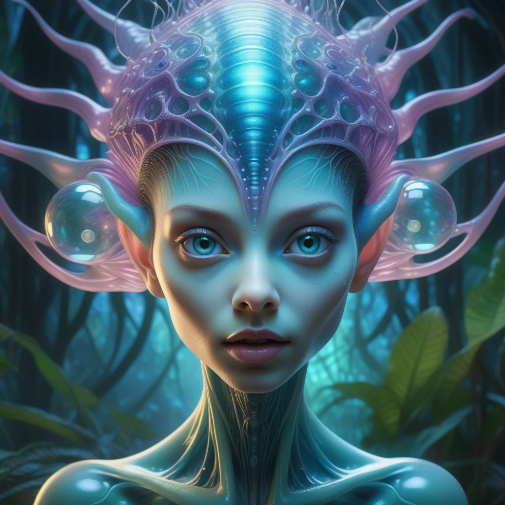 sci-fi movie still frame, the subject is an otherworldly forest on an alien planet, lush, mysterious, bioluminescent, serene, digital mirrorless camera, capturing the vibrant colors and unique textures of the extraterrestrial flora, macro lens, allowing for detailed close-ups of the alien plant life, twilight, with the bioluminescent plants casting an ethereal glow, allowing for vivid color reproduction, The realism level is balanced, The best type of lighting for this subject is ambient bioluminescent light, creating a magical and immersive atmosphere. intricate details of the alien flora. art by mooncryptowow