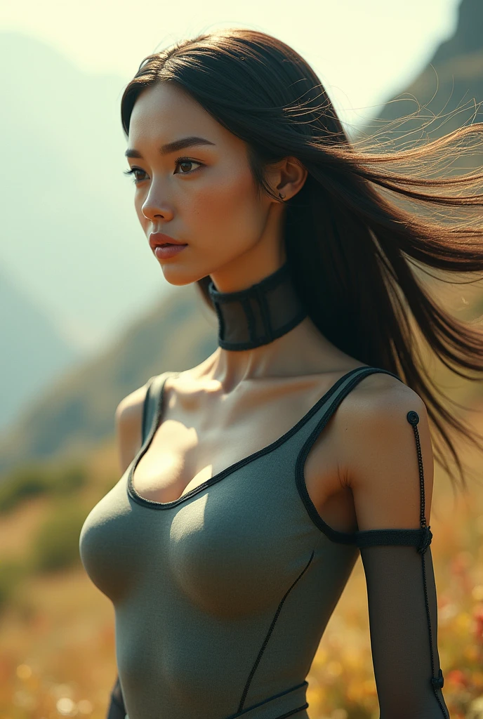 Photo of a humanoid artificial intelligence with natural skin, far away, airflow, and thick hair, sharp looking eyes, thin, upturned nose, Lip fat, hourglass figure, typical clothes and makeup, details Intricate, Energetic, vivid, epic, Soft, film, 4K, contra-luz, and deep depth of field