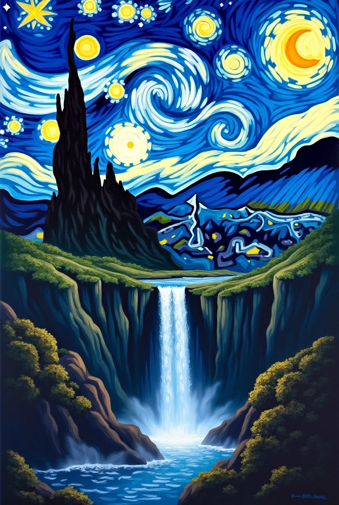 generates a painting of the Canaima National Park in Venezuela with the impressionism technique of Van Gogh's starry night.
