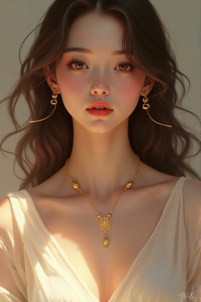 Create me a picture of a girl with a nice gold necklace with a cute pendant