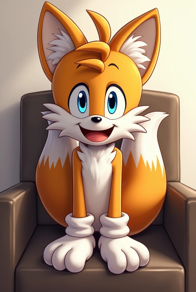 Tails solo, looking at viewer, smile, 1boy, full body, sitting on chair looking at viewer with his groin visable 