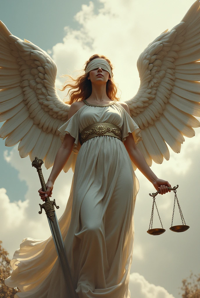 Goddess Themis with wings, blindfolded, with a scale in his right hand and a sword in his left hand