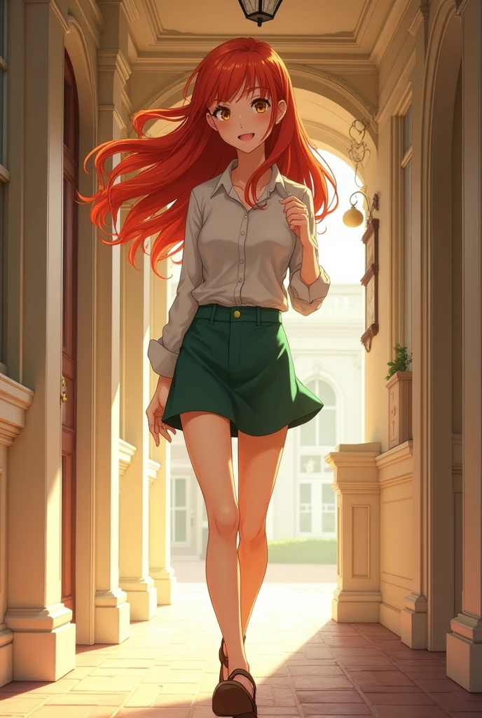 Red-haired girl in a short green skirt and white shirt walking down a hallway of a beige and white colonial-style house