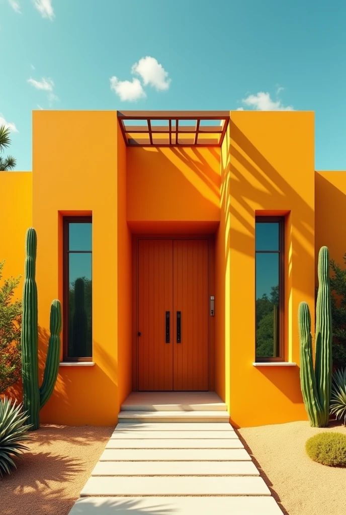House with a small, wide orange-yellow facade with two long windows at each end, complete with two long cacti and a roof with a security gate at the entrance.