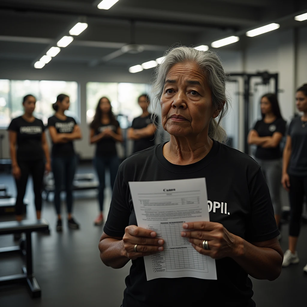 “Inside a bustling gym predominantly filled with women, the scene unfolds with various weight machines and exercise equipment in the background. In the foreground, prominently featured, stands an elderly Brazilian woman, 6, holding a workout sheet in her hand. She looks visibly desolate and abandoned, deeply upset as she struggles to understand how to perform her exercises. Despite her clear need for assistance, she is left unattended. In the background, in the second plane of focus, the young gym instructor—a 24-year-old Black woman wearing a black t-shirt with ‘PROFESSORA’ boldly written in uppercase letters—is seen completely overwhelmed. The instructor is surrounded by three female students, all of whom are visibly frustrated and demanding attention. The instructor’s inability to help the elderly woman, due to being overburdened with the other students, leaves the elderly woman feeling neglected and alone. The entire scene is set in a weight training gym with high-quality exercise machines, catering mainly to women.
The image should be captured with ultra-realistic quality using a Canon EOS R5 camera paired with an RF 50mm f/1.2L lens, known for its sharpness and depth of field, to emphasize the emotions in the foreground while keeping the background detailed. Lighting should be enhanced with a PolarPro QuartzLine ND filter for smooth contrast and balanced exposure. To achieve a warm, natural look, employ a Tiffen Glimmerglass filter, softening the harshness of the scene while maintaining detail. The final image should convey the intense emotions of abandonment and frustration, with the elderly woman in the foreground and the stressed instructor surrounded by upset students in the background.”