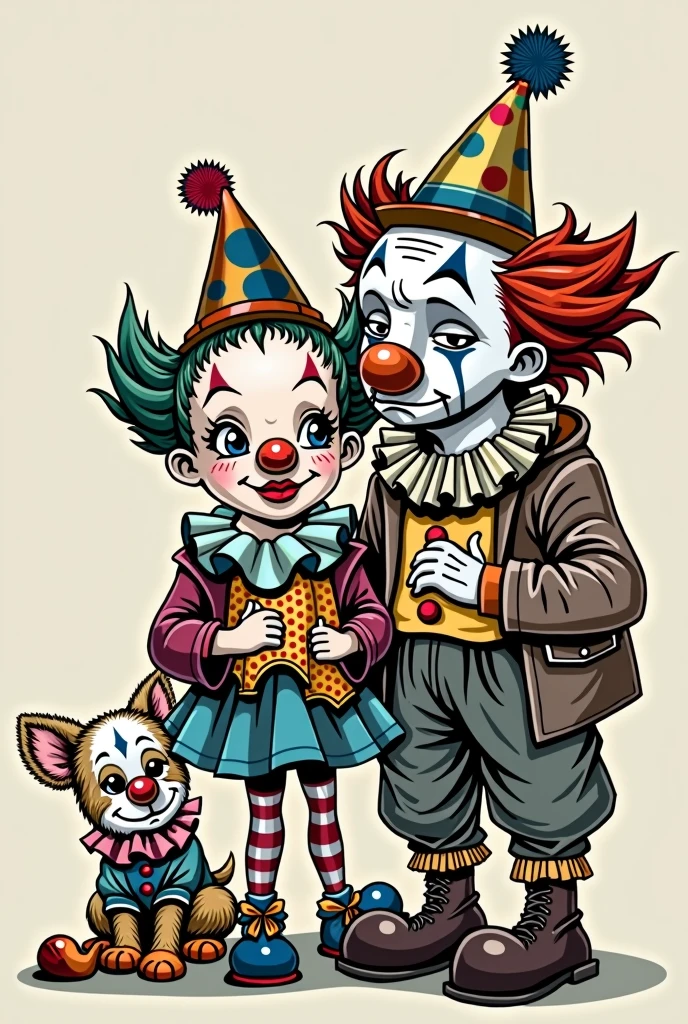 create a cartoon of a clown, black and white, sad man; a very colorful cheerful female clown, and a white and brown dog dressed as a clown.