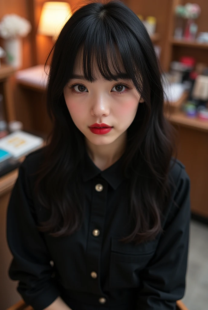 A girl height 1.53 long straight hair with bangs on the forehead, very black color, round face, slightly large and very black eyes, slightly thick lips, flat nose, wearing a manicurist uniform sitting in a nail salon, dressed in black, passionate red lips and dark skin