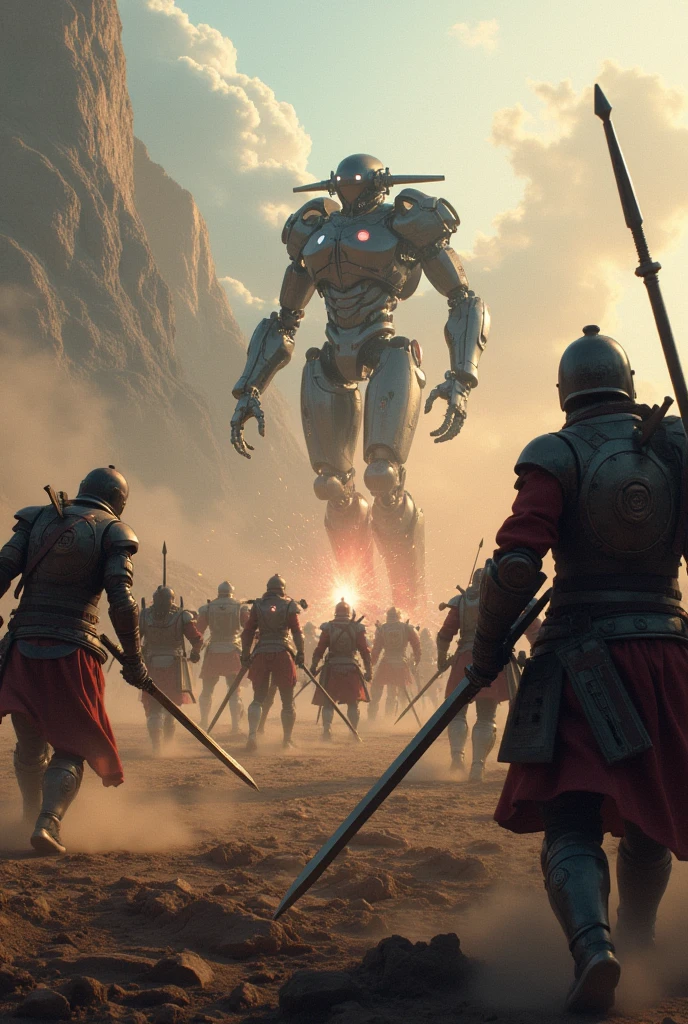 War battle between soldiers with legendary weapons and futuristic cyborgs.
