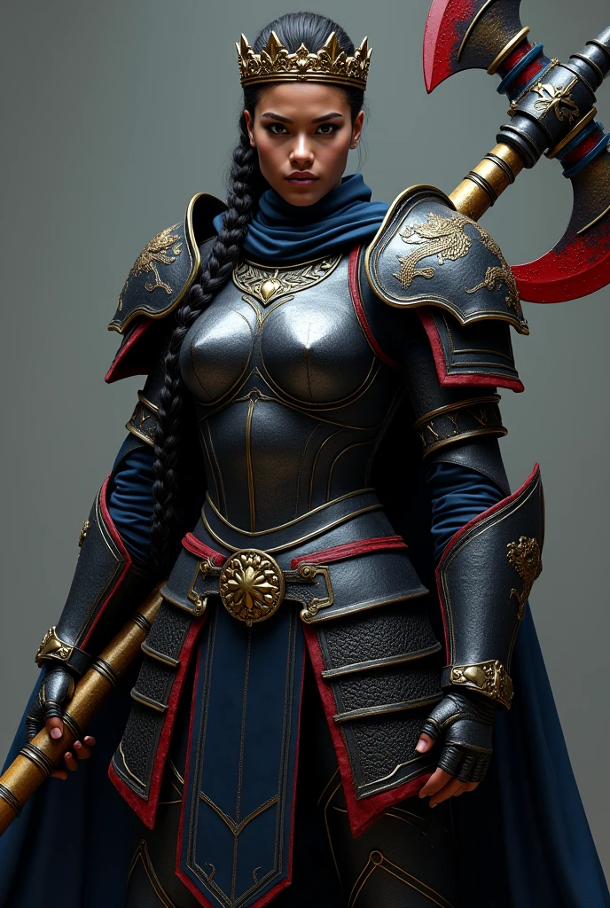 Make a female warrior with heavy armor in black colors and red details, she has her hair tied in a braid, a golden and blue battle axe, she has on her head a crown of golden leaves, and his axe is slightly larger, Her skin is dark brown and she has a dragon tattoo on both her arms, His skin is darker and his armor is black with red details, your armor has no cloths, just a blue cape and the details of the armor instead of gold are red like blood 