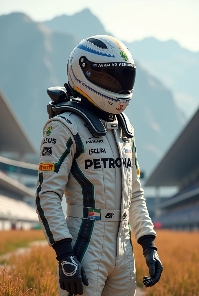 formula racing driver man with helmet standing, wearing an elaborate helmet, awardwinning (whole body:0.8) (Portrait photo:1.3) of a young Formula 1 driver (Science fiction astronaut:1.3) with an (army tank:1.4), (Stargate:1.4), olhando para um publico na grandstand, (mountainscape:1.2) (Tall Grass:1.4), Speedway, grandstand, Nurbugreen, trends on ArtStation, highy detailed, fine-details, intrikate, (Lens flare:0.6), (backlight:0.8), (blossom:0.8), Shallow depth of field