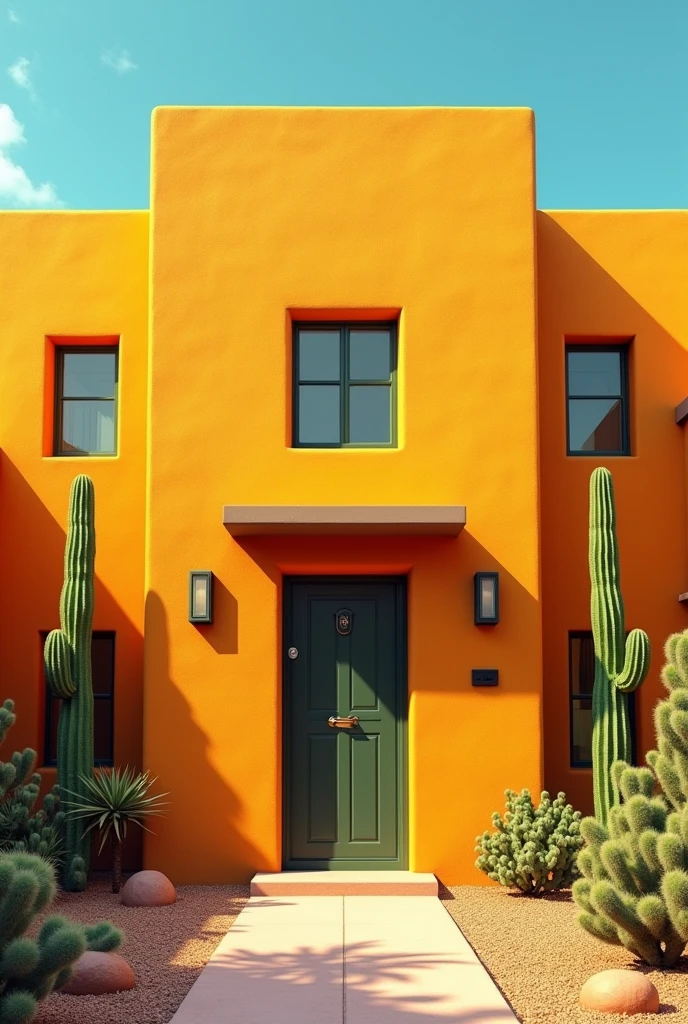 Apartment house with a small, wide orange-yellow facade with two long windows at each end, delivered with two long cacti and a roof with a security door at the entrance
