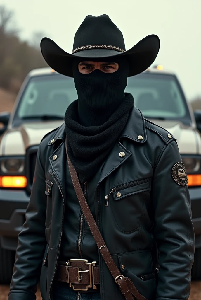 Cartel wearing a balaclava and a cowboy hat in front of a ford excursion