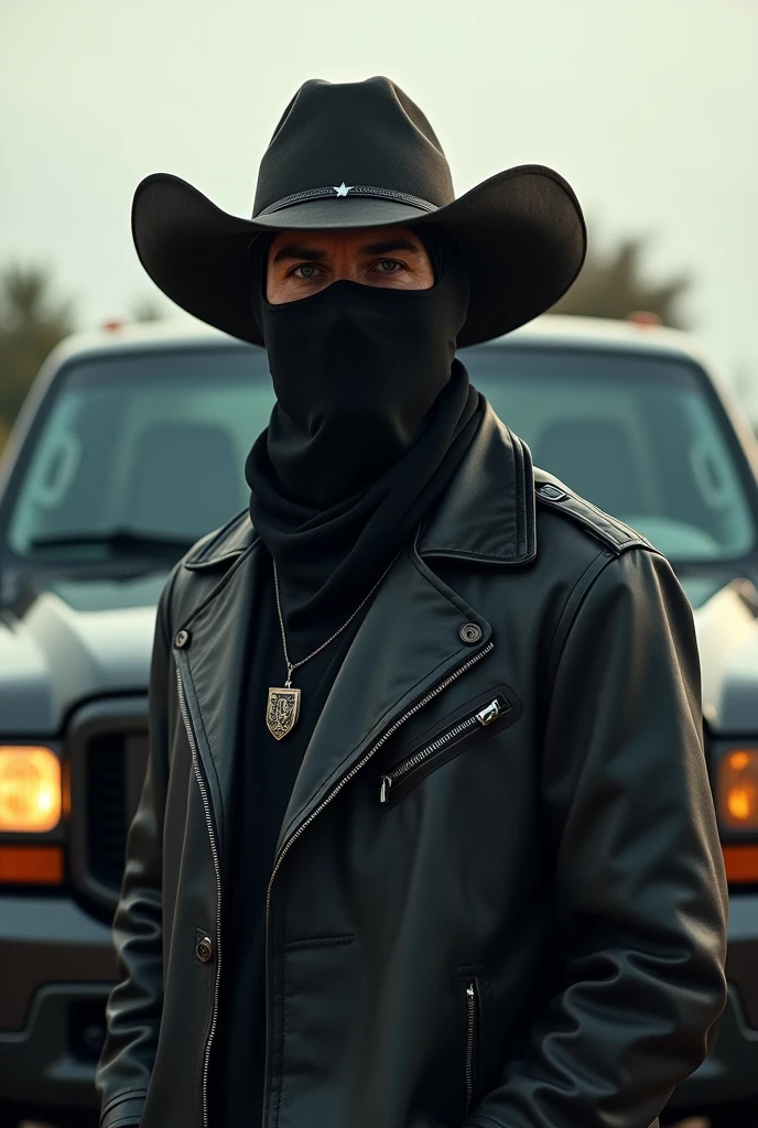 Cartel wearing a balaclava and a cowboy hat in front of a ford excursion