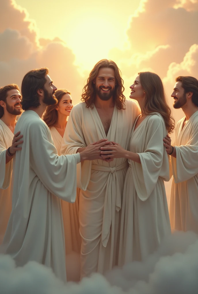 Create a group of men and women dressed in white robes, reunited with Jesus, and hugging him between the clouds of heaven 