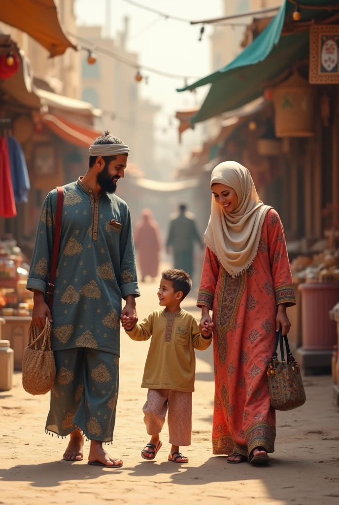 Picture of a Muslim couple with their son shopping and playing with him