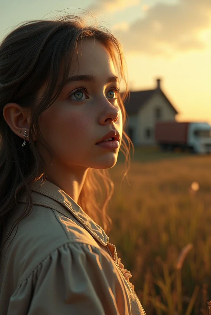 A house in the countryside, an old house, moving truck, nostalgia, ghost, farewell, furniture, children, sadness, memories, 1girl, detailed face, detailed eyes, detailed lips, emotional expression, sunlight, golden hour, realistic, photorealistic, masterpiece, ultra-detailed, 8k, best quality, cinematic lighting, warm colors, soft focus, melancholic atmosphere, painterly style, emotional storytelling