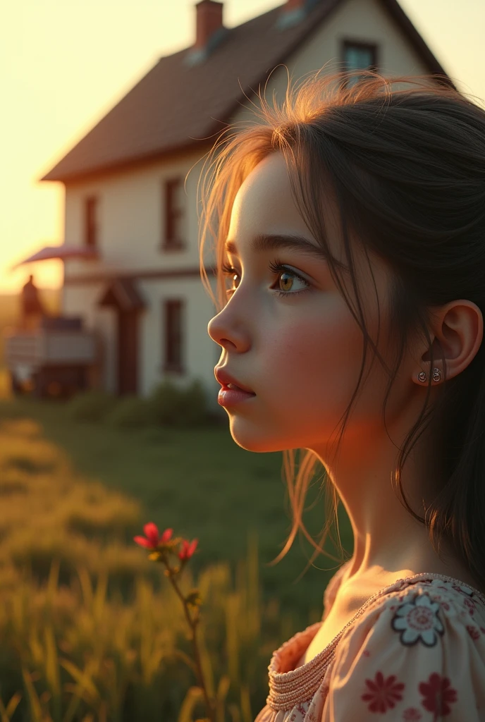 A house in the countryside, an old house, moving truck, nostalgia, ghost, farewell, furniture, children, sadness, memories, 1girl, detailed face, detailed eyes, detailed lips, emotional expression, sunlight, golden hour, realistic, photorealistic, masterpiece, ultra-detailed, 8k, best quality, cinematic lighting, warm colors, soft focus, melancholic atmosphere, painterly style, emotional storytelling