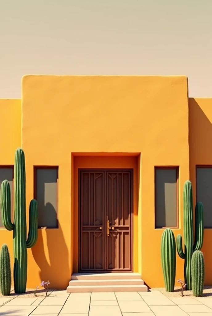 Multi-family apartment house with a small, wide, orange-yellow facade with two long windows at each end, delivered with two long cacti and a roof with a security door at the entrance