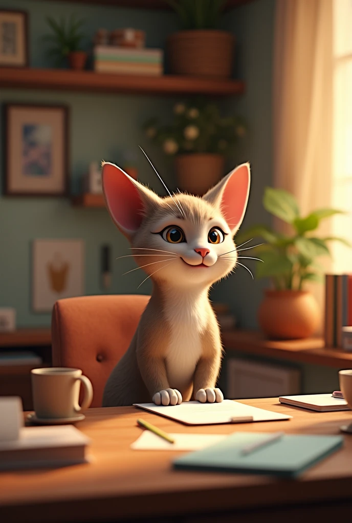 An anthropomorphic cat smiling while working at her desk, with a warm and cozy atmosphere. 3d, 8k, ultra realistic