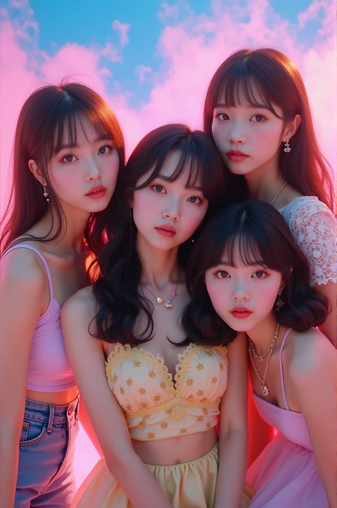 Create four k-pop singer girls One with big eyes and big lips and with dark brown hair and bangs Another with white hair without bangs and a very tender and pretty face Another with brown hair and Very cute And another with black hair and very cute And