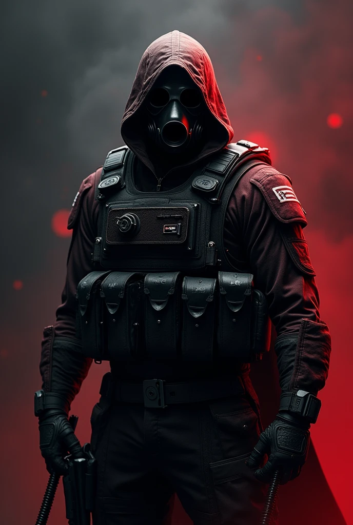 Create me a super aggressive image of Call of Duty of the black and red ghost with only those colors with a gas mask