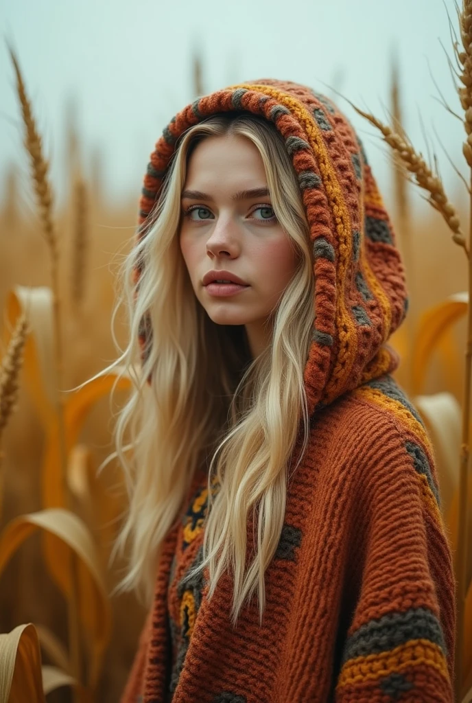 cinematographic photo Create a vivid description capturing the essence of a slender blond hippy women with wearing a boldly patterned chunky knit hooded Cape, look directly into the camera., in a tall golden corn festival field. The surreal scene is further enhanced as her long hair seamlessly merges with the Vibrant background. raw photo, a red sunset landscape, photorealistic, very detailed texture, 8k hd, DSLR, Soft lighting, high quality, movie grain, Fujimovie XT3, Very detailed photography, (Muted colors, cinematographic, muted colors, calming tones:1.2), Vibrant, incredibly detailed, hyperdetailed, (dark shot:1.2), (vsco:0.3), (intricate details:0.9), (HdR, hyperdetailed:1.2) atmospheric fog, grano de la movie, cinematographic movie still, shallow depth of field, Very detailed, high budget, cinemascope, moody, epic, General detail, gorgeous, Vintage RAW photo from the 2000s, photorealistic, candid camera, color graded cinematographic, reflectors for eyes, atmospheric lighting, skin pores, Imperfections, natural, Low Kelvin, cinematographic photorealistic, 8k hd natural lighting, raw, rico, intricate details, Clave visual, atmospheric lighting, 35mm photography, movie, bokeh, professional, 4k, Very detailed . 35mm photography, movie, bokeh, professional, 4k, Very detailed-, smiling.