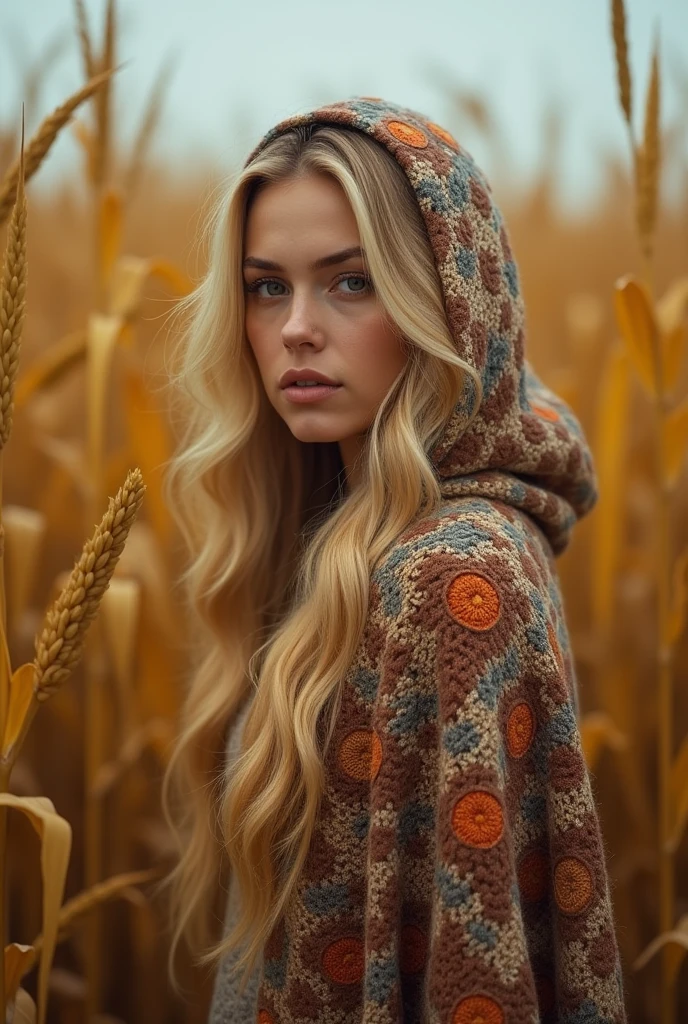 cinematographic photo Create a vivid description capturing the essence of a slender blond hippy women with wearing a boldly patterned chunky knit hooded Cape, look directly into the camera., in a tall golden corn festival field. The surreal scene is further enhanced as her long hair seamlessly merges with the Vibrant background. raw photo, a red sunset landscape, photorealistic, very detailed texture, 8k hd, DSLR, Soft lighting, high quality, movie grain, Fujimovie XT3, Very detailed photography, (Muted colors, cinematographic, muted colors, calming tones:1.2), Vibrant, incredibly detailed, hyperdetailed, (dark shot:1.2), (vsco:0.3), (intricate details:0.9), (HdR, hyperdetailed:1.2) atmospheric fog, grano de la movie, cinematographic movie still, shallow depth of field, Very detailed, high budget, cinemascope, moody, epic, General detail, gorgeous, Vintage RAW photo from the 2000s, photorealistic, candid camera, color graded cinematographic, reflectors for eyes, atmospheric lighting, skin pores, Imperfections, natural, Low Kelvin, cinematographic photorealistic, 8k hd natural lighting, raw, rico, intricate details, Clave visual, atmospheric lighting, 35mm photography, movie, bokeh, professional, 4k, Very detailed . 35mm photography, movie, bokeh, professional, 4k, Very detailed-, smiling.