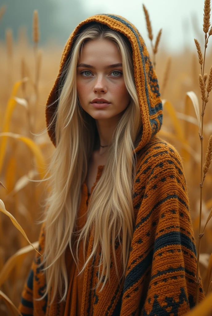 cinematographic photo Create a vivid description capturing the essence of a slender blond hippy women with wearing a boldly patterned chunky knit hooded Cape, look directly into the camera., in a tall golden corn festival field. The surreal scene is further enhanced as her long hair seamlessly merges with the Vibrant background. raw photo, a red sunset landscape, photorealistic, very detailed texture, 8k hd, DSLR, Soft lighting, high quality, movie grain, Fujimovie XT3, Very detailed photography, (Muted colors, cinematographic, muted colors, calming tones:1.2), Vibrant, incredibly detailed, hyperdetailed, (dark shot:1.2), (vsco:0.3), (intricate details:0.9), (HdR, hyperdetailed:1.2) atmospheric fog, grano de la movie, cinematographic movie still, shallow depth of field, Very detailed, high budget, cinemascope, moody, epic, General detail, gorgeous, Vintage RAW photo from the 2000s, photorealistic, candid camera, color graded cinematographic, reflectors for eyes, atmospheric lighting, skin pores, Imperfections, natural, Low Kelvin, cinematographic photorealistic, 8k hd natural lighting, raw, rico, intricate details, Clave visual, atmospheric lighting, 35mm photography, movie, bokeh, professional, 4k, Very detailed . 35mm photography, movie, bokeh, professional, 4k, Very detailed-, smiling.