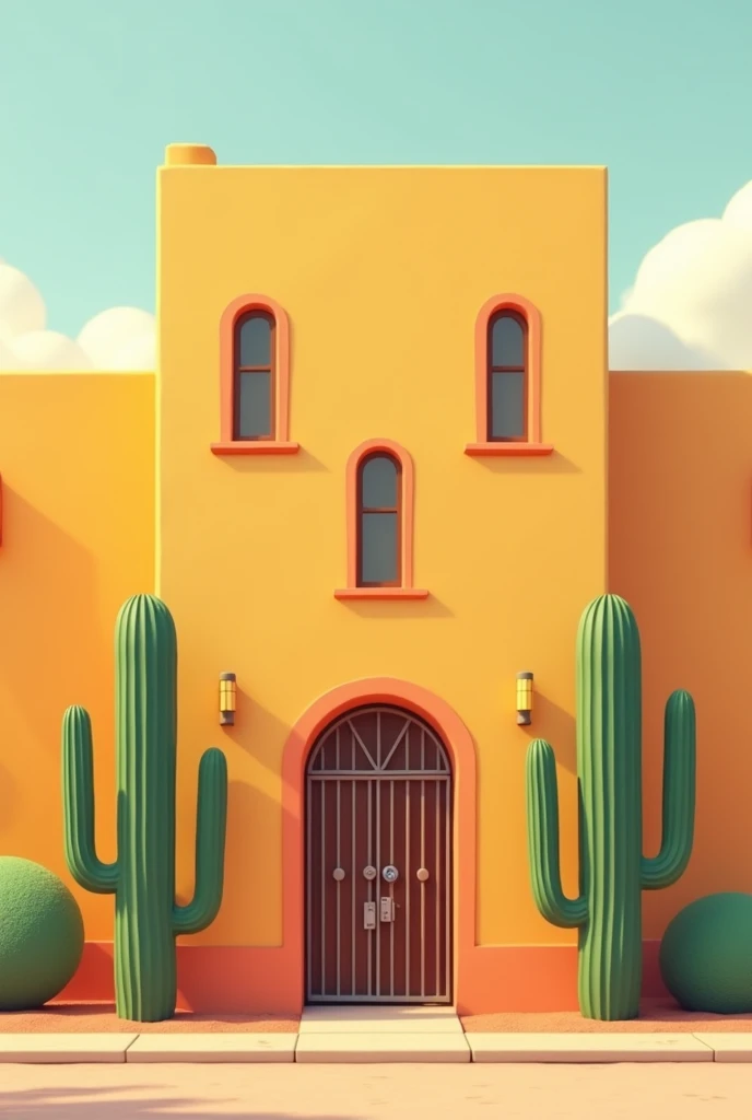 Multi-family apartment house with a small, wide, orange-yellow facade with two long windows at each end, delivered with two long cacti and a roof with a security door at the entrance