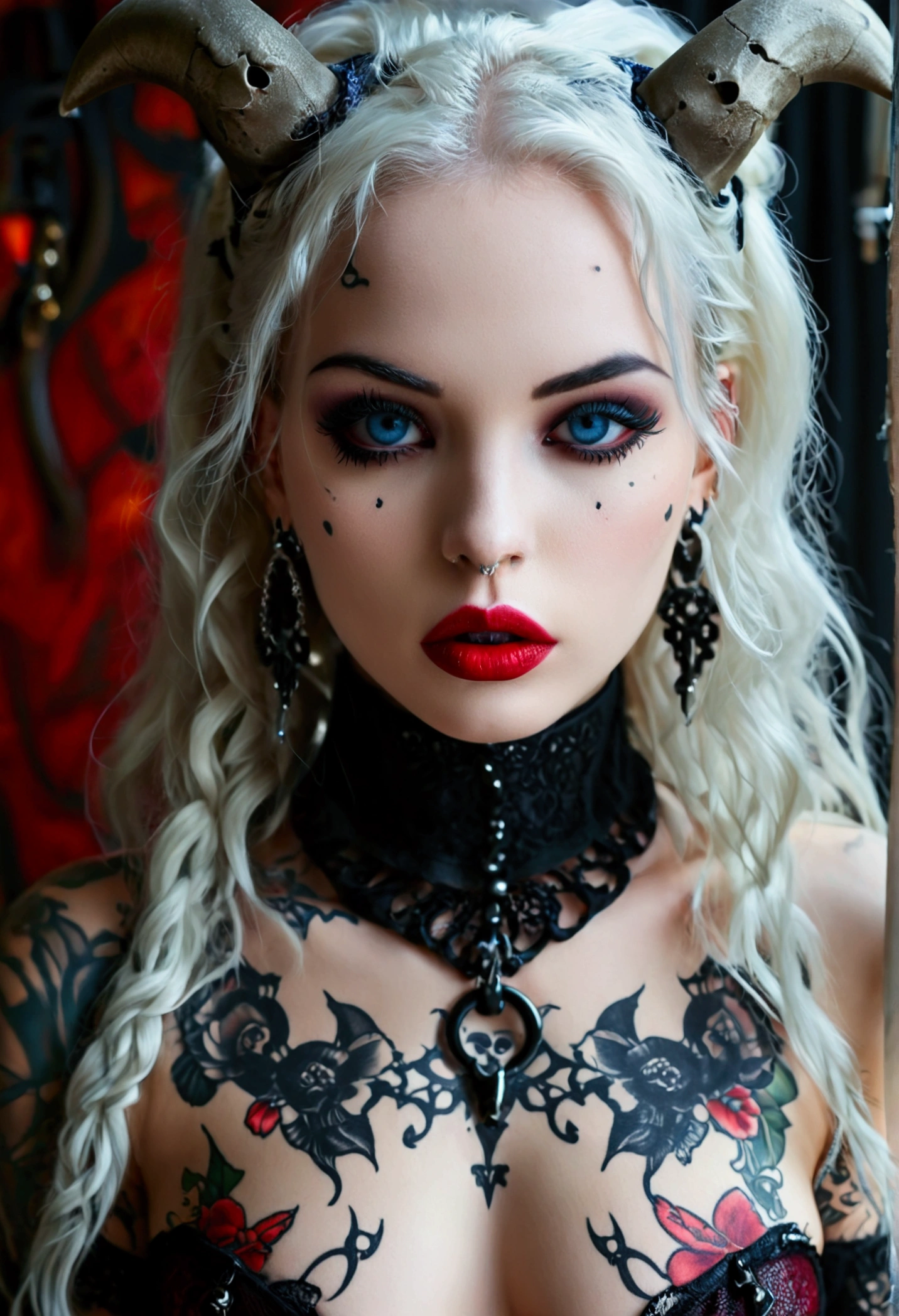 Hyper realistic photo perfect goth vampire, sexy seductive facial features, tattooed face, smooth snow white skin, thin curved black eyebrows, Black eyeliner, dark black eye shadow, neon blue eyes, crazy eyes, thick black lipstick, seductive curved lips, extremely detailed long black wavy hair, vibrant red highlights, earrings, lip piercings, choker collar with chains, ((complete fullbody)), larg voluptuous breast,detailed small perky nipples,skull tattooed breast, skull tattooed Sternum underboob, tattooed stomach, slim waist, toned hips, toned thighs, tattooed back, tattooed hips, age vagina, perfect pussy, thick toned ass, demonic tattooed vagina, demonic tattooed ass,exotic fishnet, full body portrait, Berserk style,