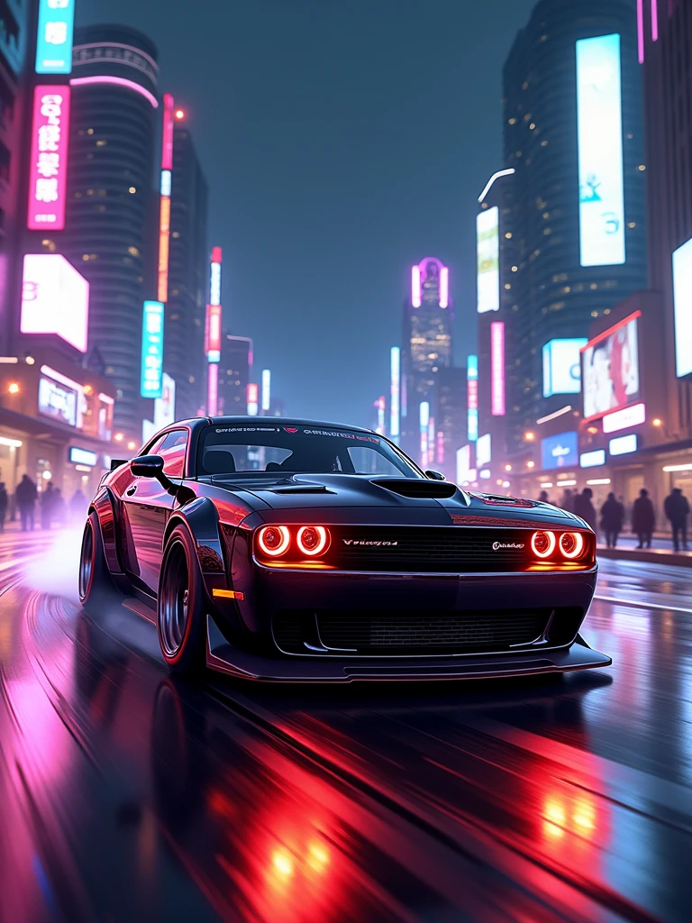 Custom 2023 dodge Challenger hellcat street racer, neon-lit city street at night, with sharp focus, intricate and detailed design, Low angle, Cinematic view, cyberpunk-styled lighting, Digital painting, art by khyzyl saleem and daniel bolling and maciej kuciara, trending on artstation and instagram.