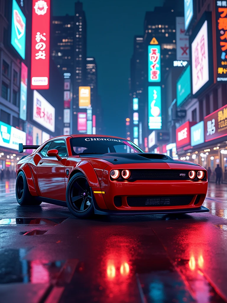 Custom 2023 dodge Challenger hellcat street racer, neon-lit city street at night, with sharp focus, intricate and detailed design, Low angle, Cinematic view, cyberpunk-styled lighting, Digital painting, art by khyzyl saleem and daniel bolling and maciej kuciara, trending on artstation and instagram.