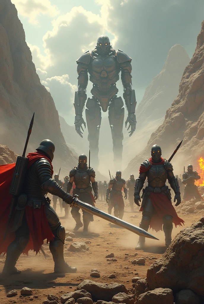 War battle between soldiers with legendary weapons and futuristic cyborgs.
