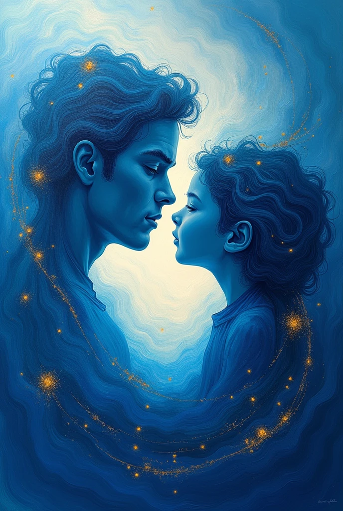 An abstract representation of the emotional connection between the father and the child. Swirling shades of blue could represent the depth of their bond, with touches of gold or silver to symbolize the gift and the value of the lessons passed down.