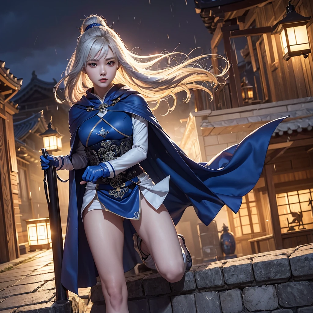 climbing a temple wall South korea ninja women mystery hooded on with modern royal Blue coat with long and wide sleeves with buttons and royal Blue cape and very high white heel over the knee and white gloves, As she reveals a small secret hidden blade coming from his palm , adding to the character's mysterious and agile appearance, with small movements of air on the cape,, in summer at night under the rain,medieval south korea house. sophisticated and highly detailed, ultra hd, realistic, hyper detailed, enhanced colours, ultra sharp focus, with vibrant, rich in details High quality, gorgeous, captivating, 8k, super detailed, stunning shadows, detailed lines, ready to make a murder