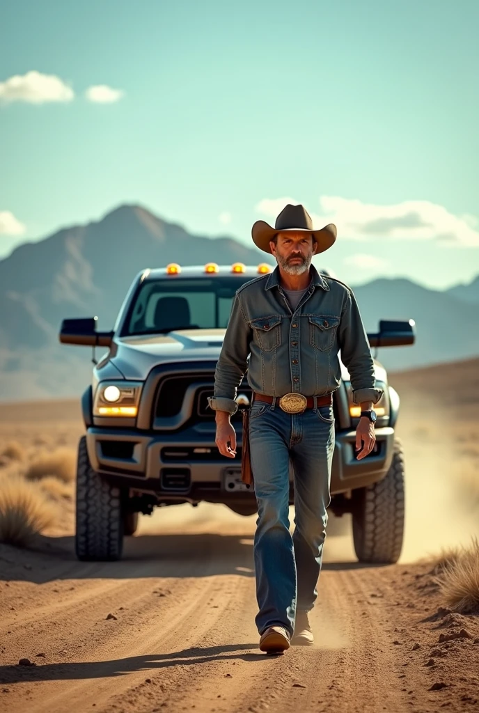 Guy wearing cowboy hat walking toward a dodge ram trx make it as real as a tinder picture