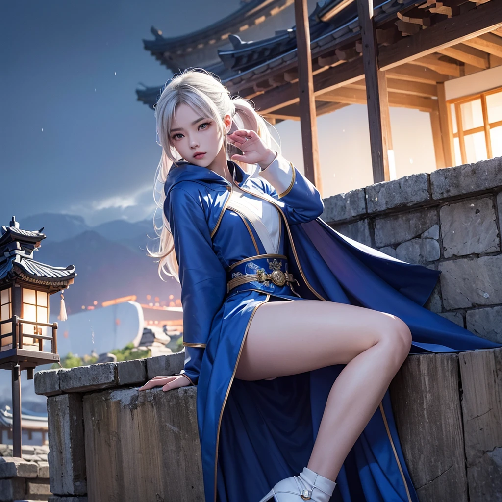 climbing a temple wall South korea ninja women mystery hooded on with modern royal Blue coat with long and wide sleeves with buttons and royal Blue cape and very high white heel over the knee and white gloves, As she reveals a small secret hidden blade coming from his palm , adding to the character's mysterious and agile appearance, with small movements of air on the cape,, in summer at night under the rain,medieval south korea house. sophisticated and highly detailed, ultra hd, realistic, hyper detailed, enhanced colours, ultra sharp focus, with vibrant, rich in details High quality, gorgeous, captivating, 8k, super detailed, stunning shadows, detailed lines, ready to make a murder