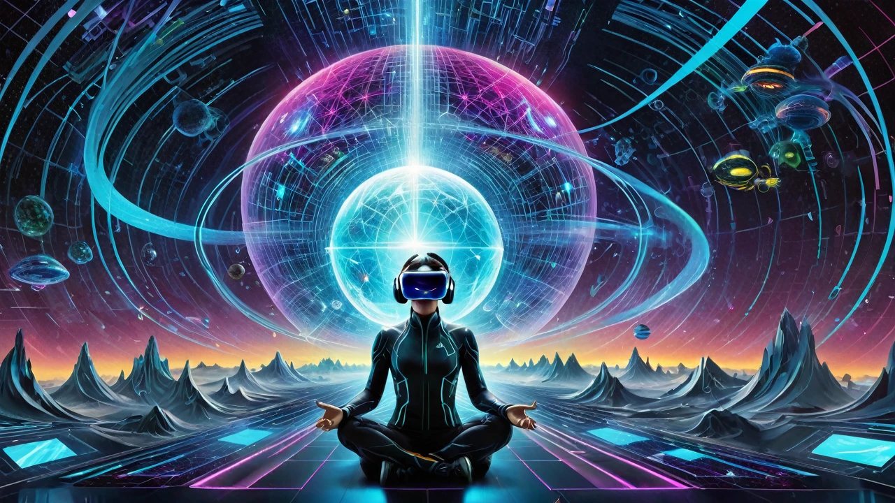 A high-definition image showcasing the concept of virtual reality and simulation. In the foreground, a person wearing a sleek, futuristic VR headset is immersed in a digital world, with glowing neon lights reflecting off the visor. The virtual environment around them is a blend of abstract, hyper-realistic elements: floating holographic interfaces, pixelated landscapes, and intricate geometric patterns that pulse with vibrant colors. The person’s body appears to partially dissolve into the digital realm, with their limbs transitioning into streams of data and code. In the background, a vast network of interconnected digital grids and nodes expands into the distance, symbolizing the infinite possibilities of simulated realities. The overall atmosphere is one of immersion, blending the lines between the real and the virtual worlds.